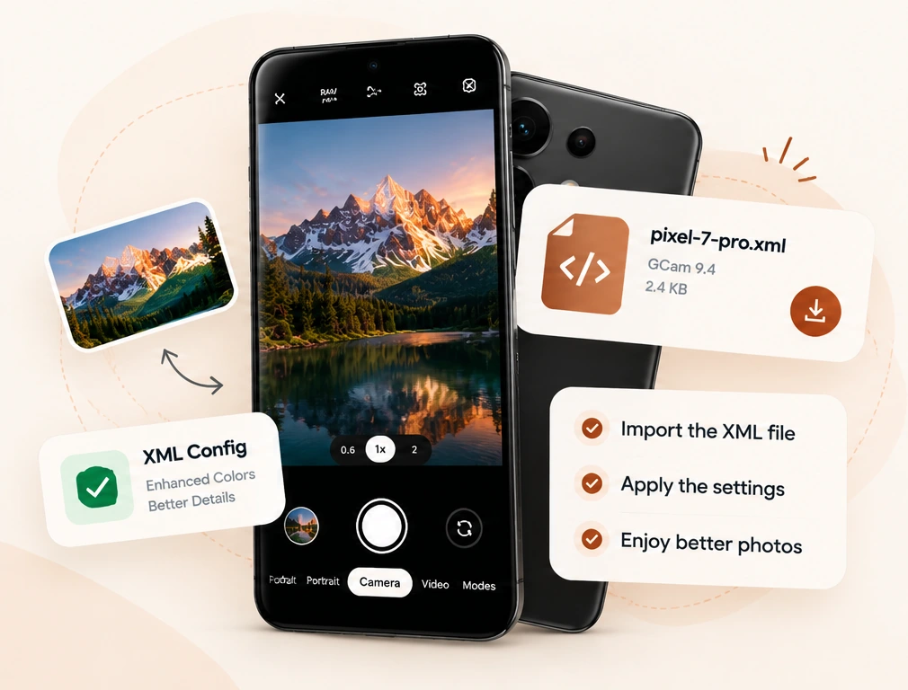 Illustration of smartphone camera preview, XML configuration file and import steps